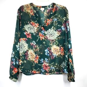 A New Day Shear Floral V Neck Long Sleeve Blouse M NWOT